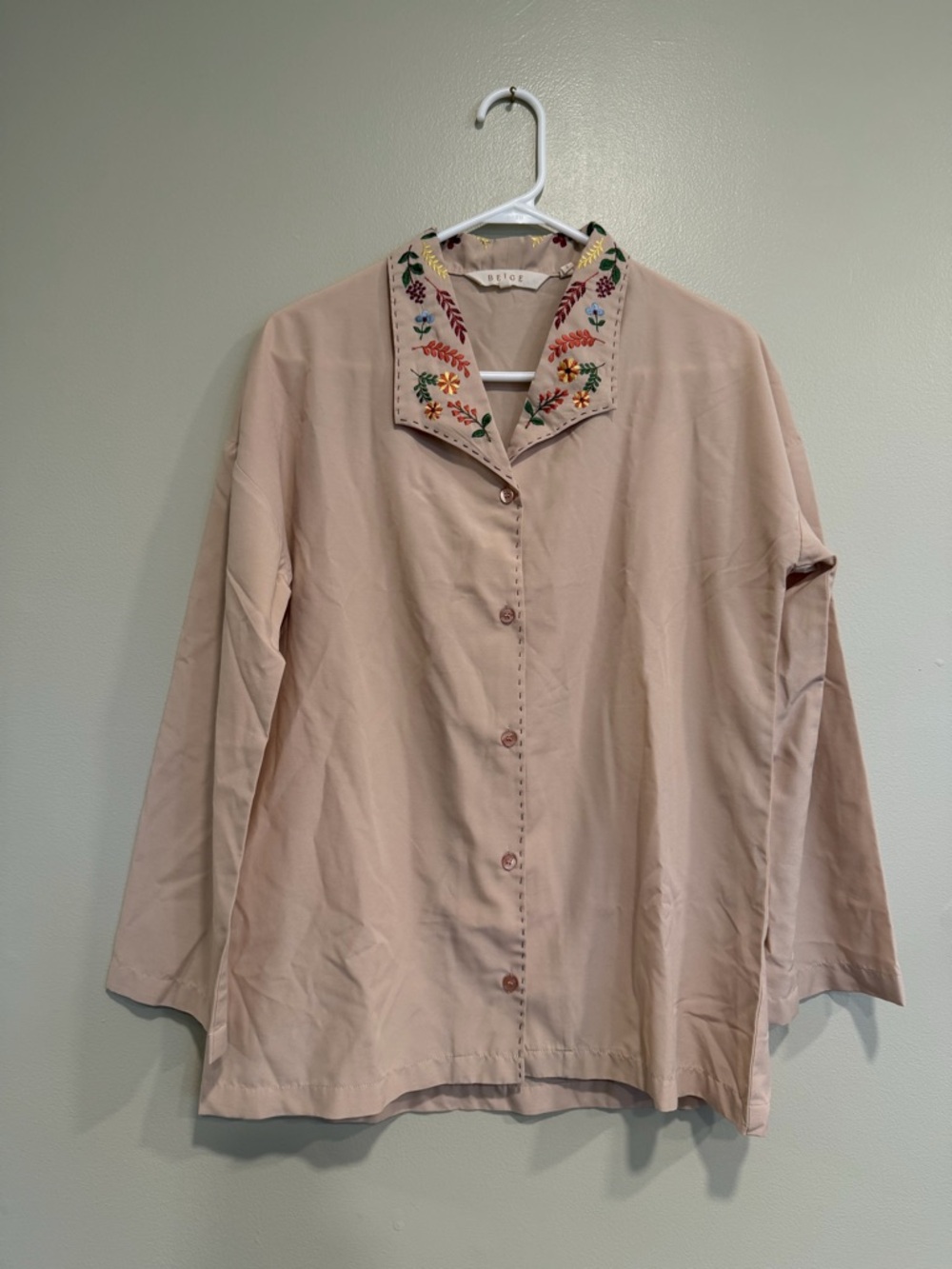 Beige Button-Down Shirt with Embroidered Collar